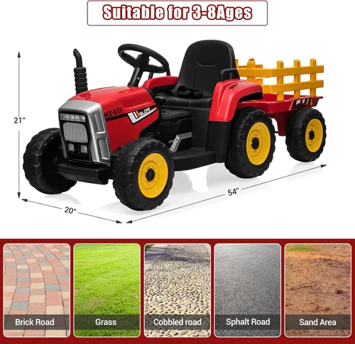 Miniatura 7 de SEHOMY Tractor de Power Wheels Rojo con Remolque, Carro Montable para Niños Pequeños con Control Remoto, 7 Faros LED, Motor Dual, Batería de 12V