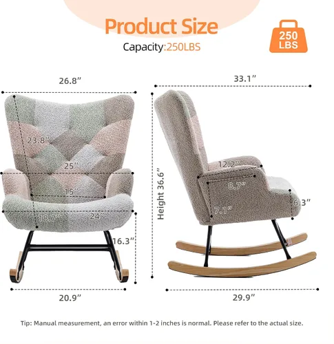 Miniatura 2 de Silla mecedora tapizada estilo oso de peluche para cuarto de bebé, con respaldo alto, silla lateral cómoda para sala de estar, dormitorio, oficinas