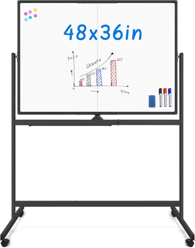 maxtek - Pizarra blanca rodante, pizarra blanca magnética grande de 48x36 con soportes, gran pizarra blanca de doble cara de borrado en seco con