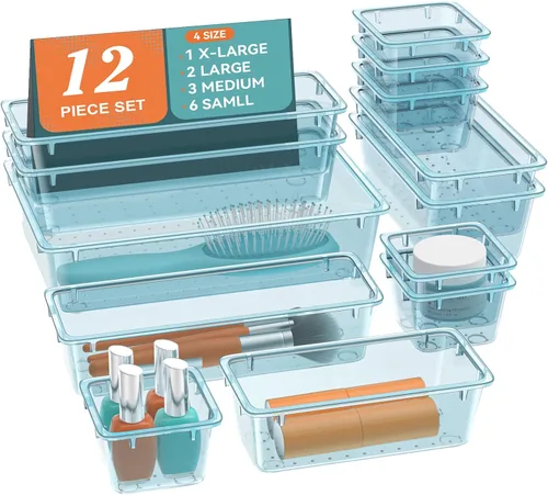 Miniatura 9 de ElegantArray Juego de organizador de cajones de 12 piezas, 4 tamaños, organizador de tocador de plástico versátil para maquillaje, papelería, Negro
