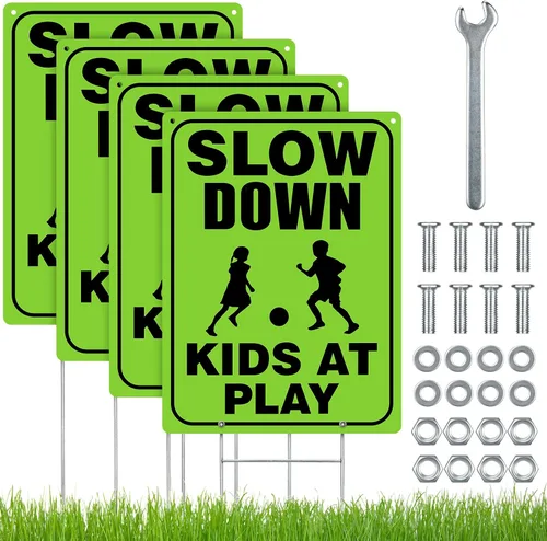 Zonon 4 juegos de señales de seguridad para niños en juego con alambre de metal en H, tornillos reflectantes, impermeables, precaución para niños en