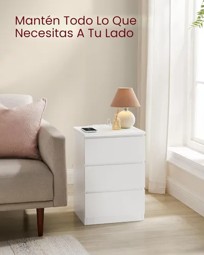 Miniatura 8 de VASAGLE Mesita de noche con estación de carga, 2 salidas de CA y 2 puertos USB, mesita de noche, mesa auxiliar con 3 cajones, estilo moderno, 13.8 x