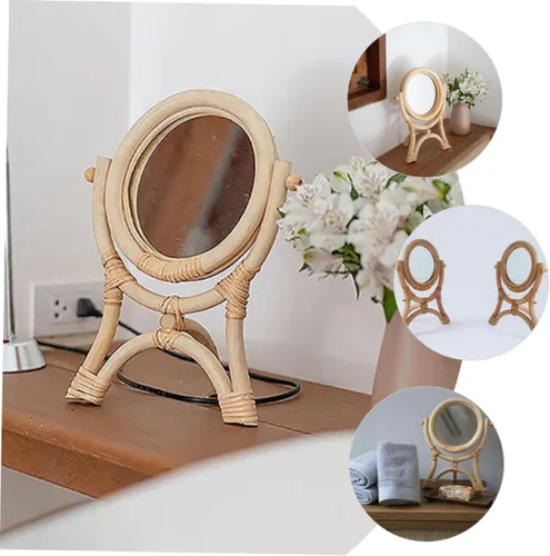 Miniatura 5 de GANAZONO Rattan Makeup Mirror 3-Legged Round Decorative Mirror Adjustable Rotation for Girls Bedroom for Makeup and Decor