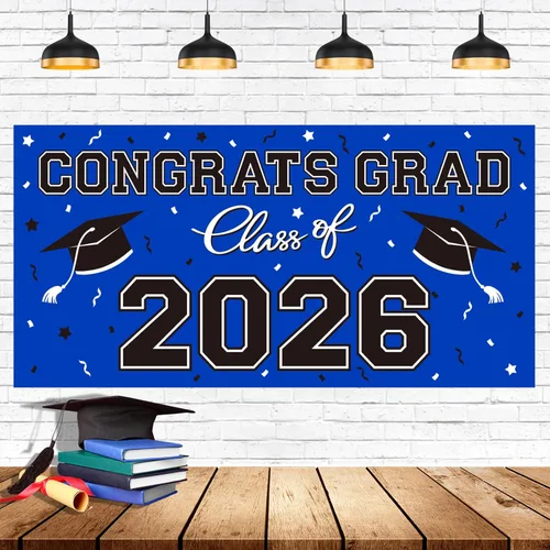 Miniatura 11 de Telón de fondo de plástico para fiesta de graduación 2026, 65 x 32.7 pulgadas, pancarta de felicitaciones graduadas en negro, decoraciones de clase