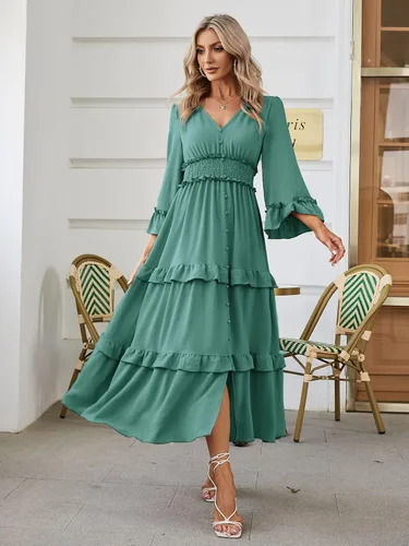 Miniatura 2 de Amegoya Vestido largo de manga larga con cuello en V bohemio para mujer, de verano, para invitadas de boda, de estilo fluido, para compromisos