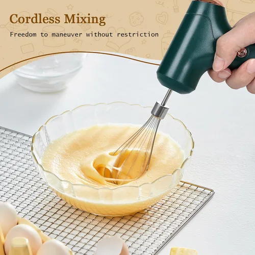 Miniatura 5 de Batidora de mano inalámbrica, batidor eléctrico de mano con 3 modos de velocidad, batidor de huevos de mano con 2 batidores desmontables (verde)
