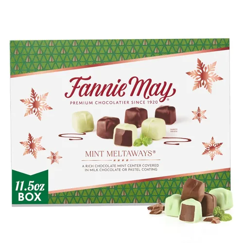 Fannie May Mint Meltaway, caramelo de chocolate de menta con revestimiento pastel de chocolate con leche, caja de regalo de chocolate navideño, 11.5