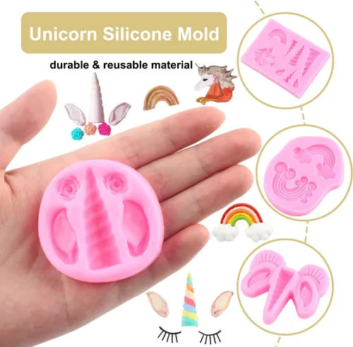 Miniatura 4 de ZiXiang - Moldes de silicona con diseño de unicornios, orejas de cuerno, rosa, flor, arco iris, fondant, para decoración de pasteles, decoración