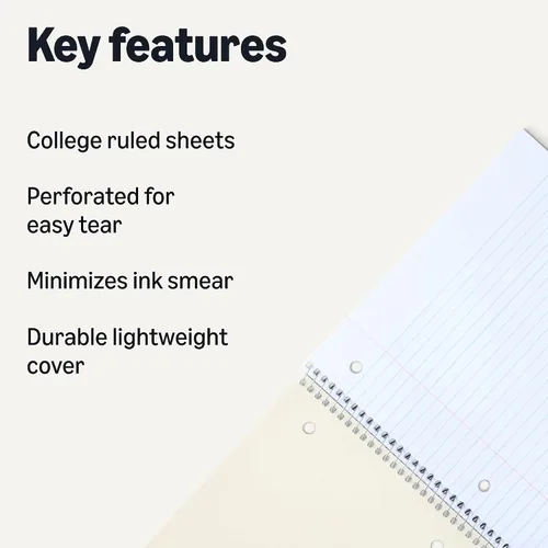 Miniatura 2 de Amazon Basics Cuaderno espiral con rayas universitarias, 70 hojas, 10.5 x 8 pulgadas, colores sólidos surtidos, paquete de 5 Varios colores lisos