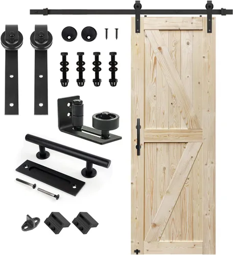 Miniatura 24 de S&Z TOPHAND 20 pulgadas x 84 pulgadas. Puerta de granero anudada británica sin terminar con kit de herrajes deslizantes de 4 pies/madera