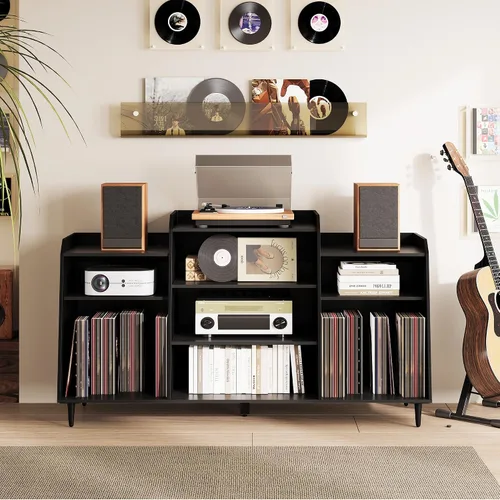 Rresyet - Soporte para tocadiscos de 55 pulgadas con estación de carga, armario de almacenamiento de discos de vinilo de 4 niveles con estantes