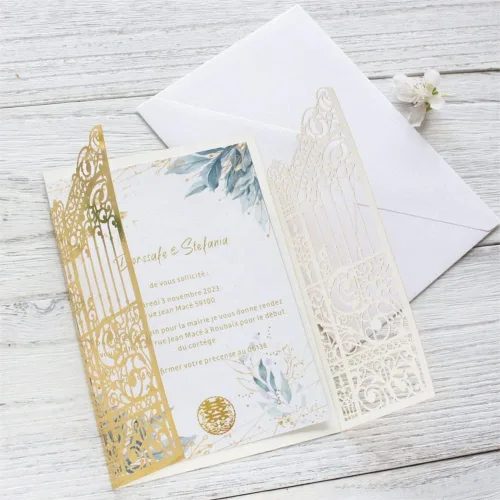 Miniatura 5 de MillaSaw Invitación de puerta dorada metálica para boda, matrimonio, quinceañera, sirena, aniversario, 25 juegos (oro metálico, 4.9 x 7.1 pulgadas)