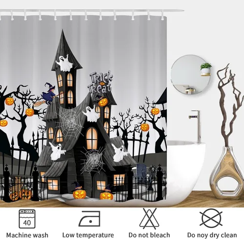 Miniatura 2 de ARESD Cortina de ducha de Halloween para baño, cortina de baño de tela de araña de casa de terror y calabaza, cortinas de ducha de poliéster