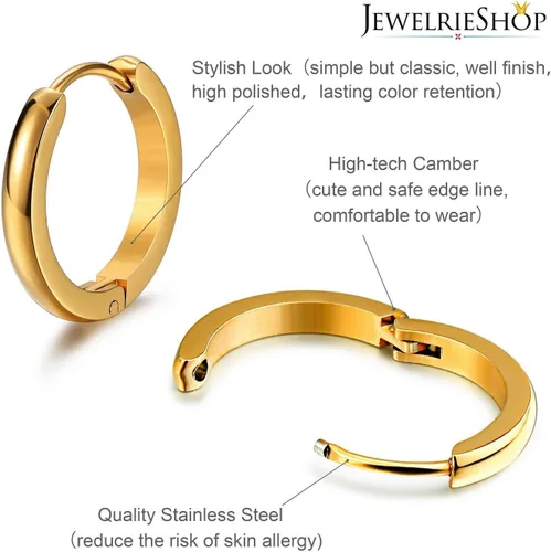 Miniatura 2 de JewelrieShop - Juego de aretes de aro quirúrgicos dorados, hipoalergénicos, aretes de aro para hombre (oro, negro, aretes de aro de acero inoxidable)