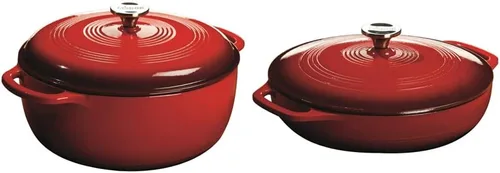 Lodge EC7D43 - Horno holandés de hierro fundido esmaltado, 7.5 cuartos de galón, Island Spice Red y cazuela cubierta de hierro fundido esmaltado