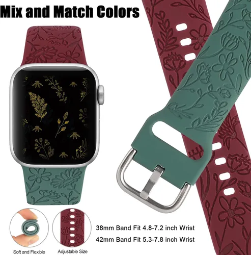Miniatura 4 de Paquete de 2 correas deportivas grabadas con flores compatibles con correas de Apple Watch de 1.496 pulgadas, 1.575 pulgadas, 1.614 pulgadas, Vino