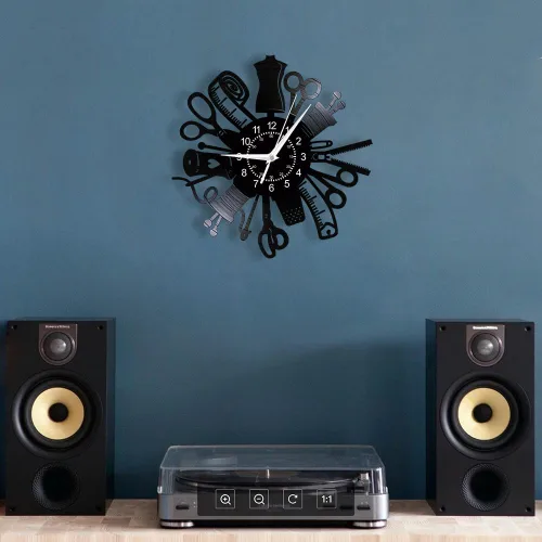 Miniatura 3 de Reloj de pared de costura, máquina de coser de 12 pulgadas, diseño de disco de vinilo, reloj de pared silencioso de cuarzo sin tictac, vintage, Sin