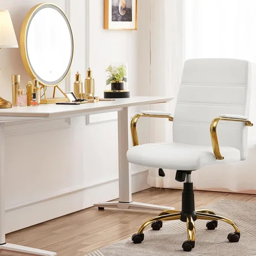 Miniatura 9 de Yaheetech Silla de Oficina de Respaldo Medio de Cuero PU Silla de Escritorio Ejecutiva Ajustable con Soporte Lumbar Pata Dorada Asiento Blanco