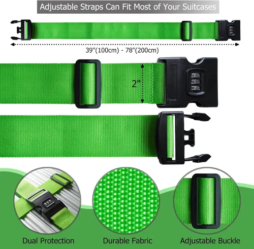Miniatura 5 de 2 correas de equipaje de 78 x 2 pulgadas, correas de equipaje anchas ajustables, accesorios de viaje, verde y cerradura de combinación