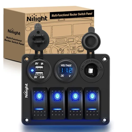 Nilight - Panel de interruptor basculante de 4 bandas 90117G, panel de interruptores de aluminio precableado impermeable con doble USB encendedor de