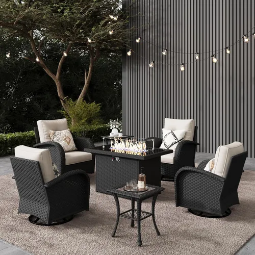 Miniatura 32 de LayinSun - Juego de 10 piezas de muebles seccionales de patio para el aire libre con mesa para fogata, juegos de sillas giratorias reclinables