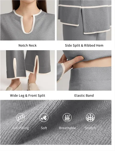 Miniatura 4 de SuperPrity Conjunto de 2 piezas de suéter para mujer, con cuello de muesca, manga larga, suéter de punto y pierna ancha