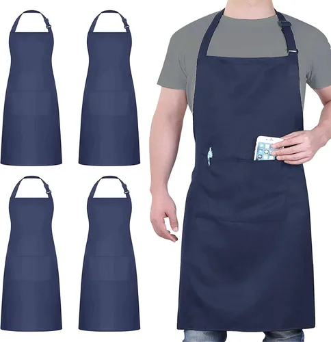 Miniatura 14 de Paquete de 4 delantales ajustables, delantal negro con 2 bolsillos, delantal lavable a máquina perfecto para cocinar, asar a la parrilla, lavar