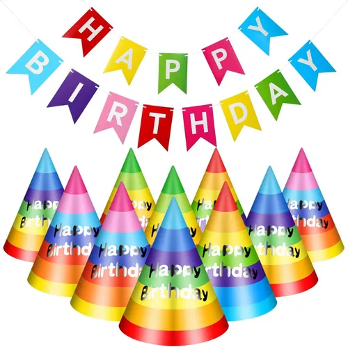 Boao 20 sombreros de fiesta de cumpleaños arcoíris con pancarta de feliz cumpleaños, sombreros de cono coloridos para adultos y niños pequeños