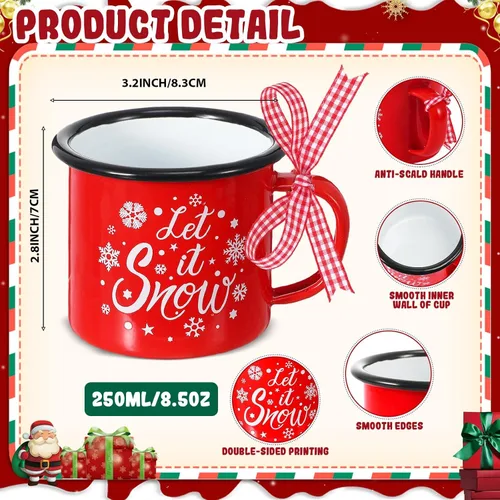 Miniatura 2 de Sliner 12 mini tazas de café de Navidad a granel con cinta a cuadros de 8.5 onzas, taza de metal esmaltado de Navidad con borde negro para el hogar