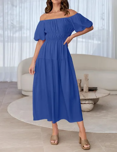 Miniatura 8 de ZESICA Women's 2024 Sexy Boho Off Shoulder Puff Short Sleeve High Waist Ruffled Flowy A Line Beach Party Midi Dress