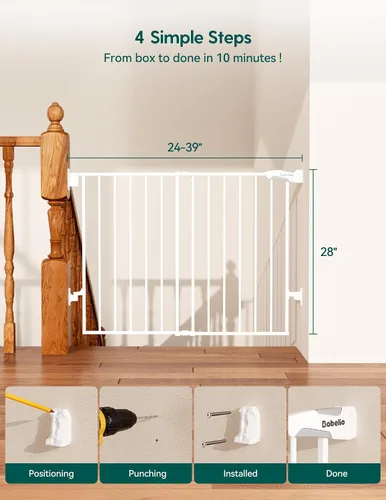Miniatura 7 de Babelio Puerta de seguridad para bebés para escaleras, cocina y puertas, sin barra inferior, fácil instalación, operación con una sola mano, cierre