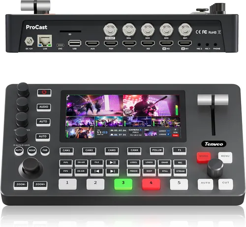 Tenveo Conmutador Mezclador de Video HDMI 4K60FPS, 4*SDI & 4*HDMI Entrada, Conmutador de Transmisión en Vivo de 5 Canales, Pantalla FHD de 5.5’’,