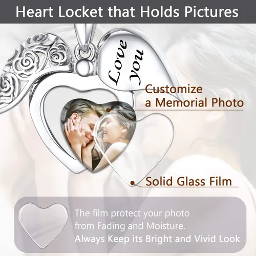 Miniatura 3 de SILVERCUTE Personalized & Engraved Locket Necklace with 18" Chain -Angel Wings Locket, Custom Heart Locket Pendant That Holds Picture, Sterling