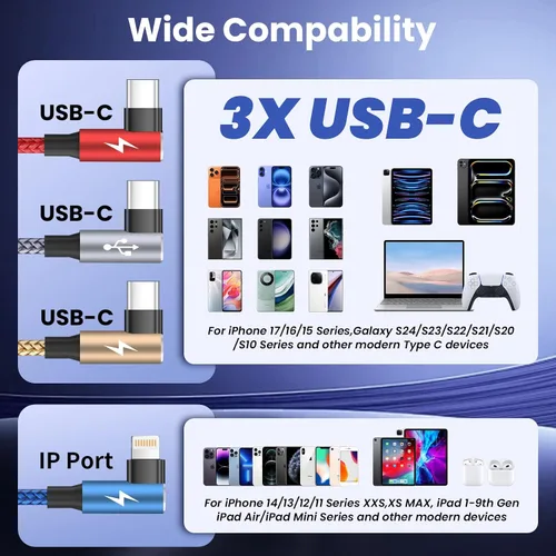 Miniatura 8 de Cable USB A/C a USB C en ángulo recto, cable de carga trenzado tipo C de 90 grados, cable de carga USB C 4 en 2, cable de carga universal
