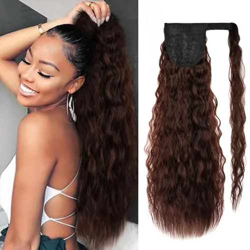 Miniatura 12 de rosmile Extensión de cola de caballo con ondas de maíz, alrededor de 26 pulgadas de largo, rizada, ondulada, extensión de cola de caballo sintética