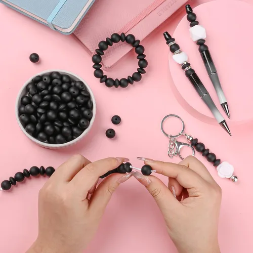 Miniatura 5 de 100 cuentas de silicona negras de 0.472 pulgadas para manualidades (redondas, sueltas)