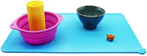 Miniatura 4 de Tapete de silicona para alimentación de mascotas, impermeable, para perros y gatos, bordes elevados para evitar derrames, bandeja individual Azul