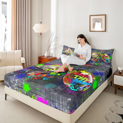 Miniatura 5 de Erosebridal Graffiti Rugby Ball Sheets for Boys Girls Colorful Rugby Helmet Fitted Sheet,Sports Kids Bedding Sets Football Game Bed Sets Twin 2 Piece