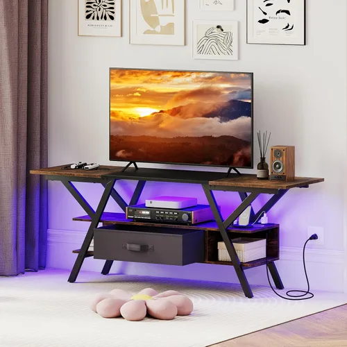 Giantex Soporte de TV con tomas de corriente para TV de 55 a 65 pulgadas, centro de entretenimiento de 3 niveles con luces LED y control remoto,