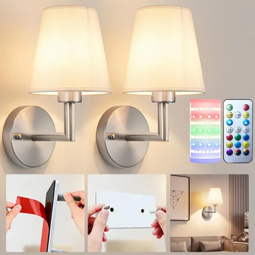 Miniatura 13 de Juego de 2 apliques de pared a pilas, luz de pared inalámbrica con bombilla magnética recargable RGB de 10000 mAh, aplique de pared recargable