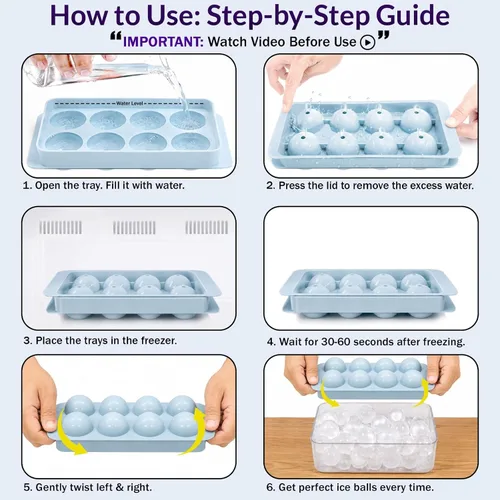 Miniatura 2 de Paquete de 3 bandejas para cubitos de hielo para congelador, máquina de hielo redonda grande para whisky, molde de hielo de 8 bolas con cubo