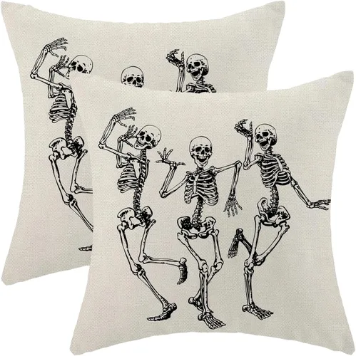 Juego de 2 fundas de almohada de Halloween de 18 x 18 pulgadas, diseño de esqueleto de calavera de Halloween, fundas decorativas de lino, vintage,