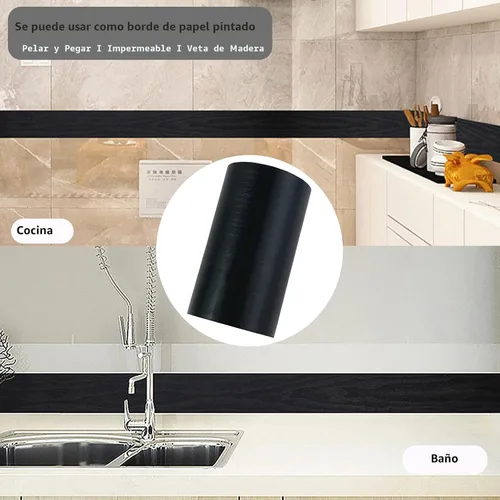 Miniatura 5 de DESOMINOR Borde negro de 32 pies para despegar y pegar, borde de madera negra, extraíble, impermeable, marco de espejo de baño