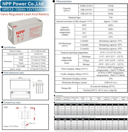 Miniatura 7 de NPP NPD12-150Ah (2 piezas) 12V 150Ah AGM batería recargable de ciclo profundo, reemplazo de RV, sistemas solares, baterías marinas