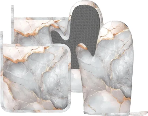 Miniatura 41 de Manoplas de horno y agarradores de ollas de mármol blanco y oro de silicona, accesorios de cocina de 4 piezas, guantes largos resistentes al calor