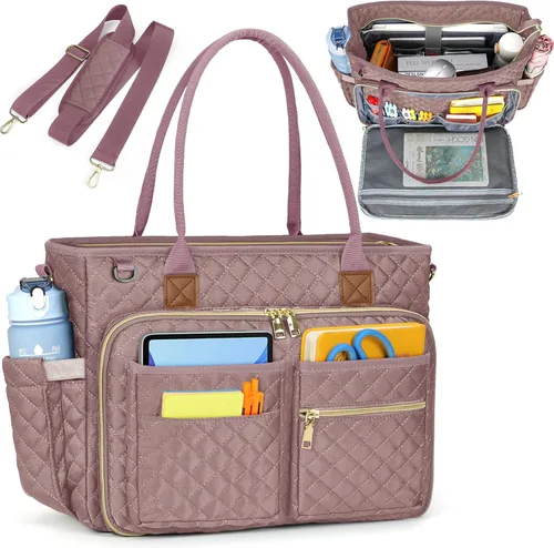 Miniatura 19 de RAINSMORE Bolsa de mano para profesores, bolsa de computadora portátil de 15.6 pulgadas para mujer, bolsas de trabajo, bolsa de enfermera, bolsa