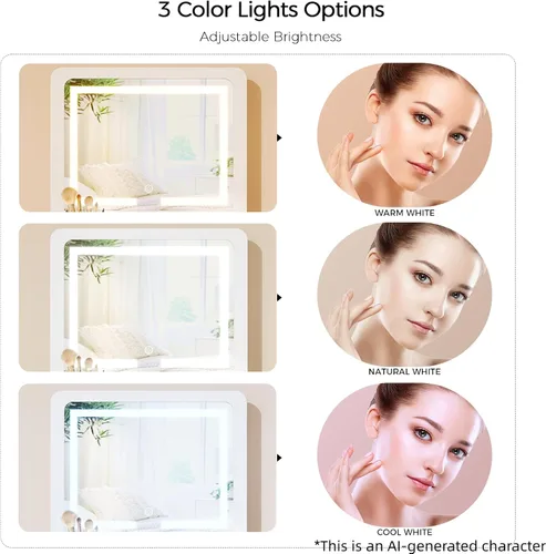 Miniatura 6 de VOWNER Escritorio de tocador 3 en 1 con espejo de luz LED abatible y escritorio de cristal, pequeño tocador de maquillaje con 3 cajones, tocador