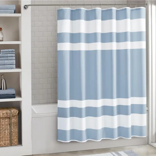 Miniatura 36 de Madison Park Cortina de ducha de tejido waffle con diseño a rayas en piezas, cortina de ducha de tela para baño con gestión de humedad 3M Rayas Taupe