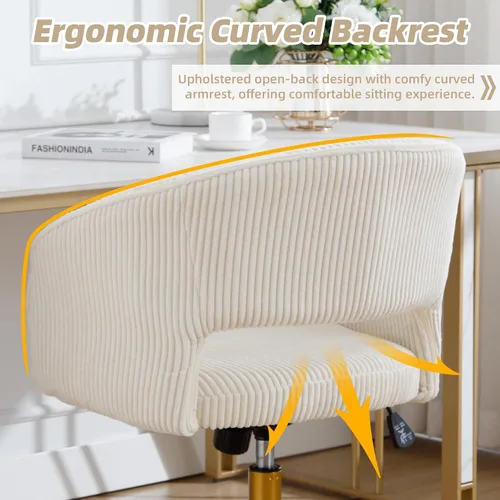 Miniatura 4 de Silla de escritorio ABET con ruedas, silla de oficina de corduroy, silla giratoria con base dorada, sillas acentuadas modernas tapizadas, respaldo