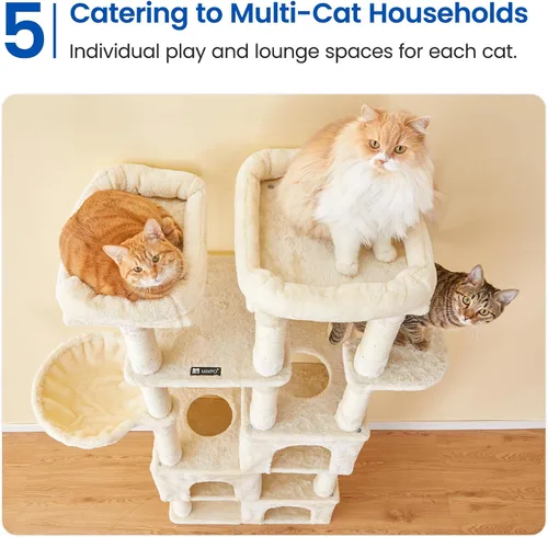 Miniatura 8 de MWPO Árbol grande para gatos de interior, torre de gatos de 63 pulgadas con 3 condominios para gatos, postes rascadores, pedestales acolchados, Beige